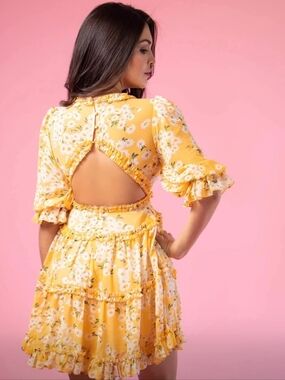 Yellow Floral Ruffle Mini Dress